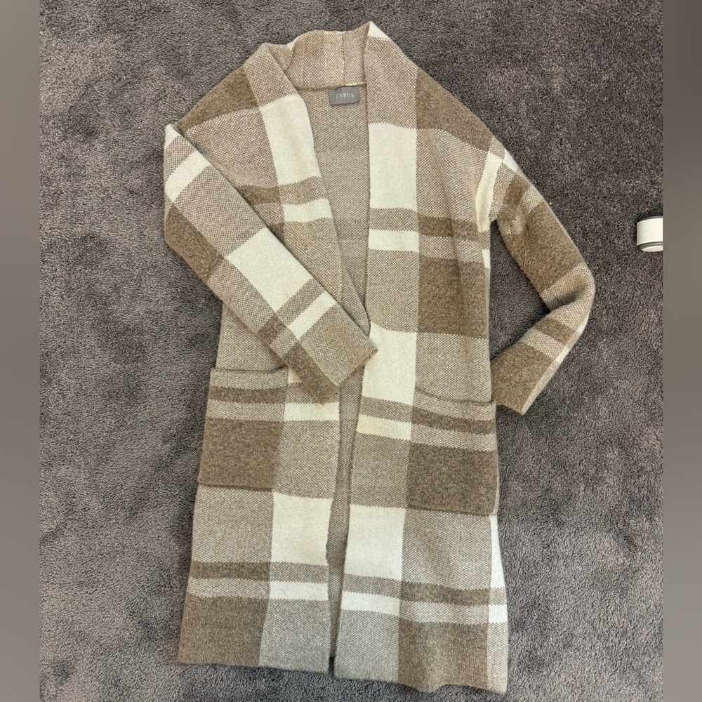 Plaid Open Front Cardigan - Brown and Cream